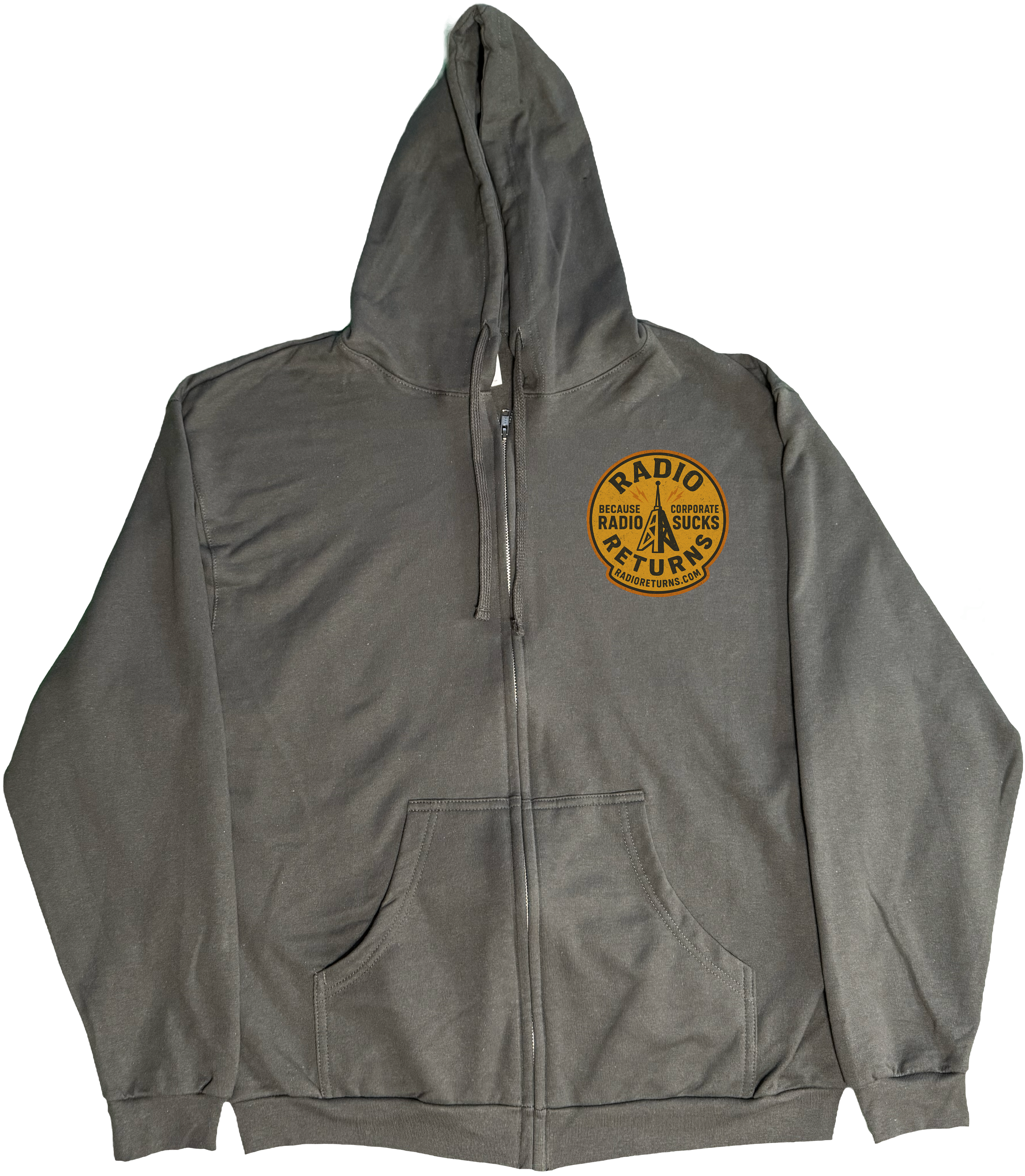Front of Kback Radio Returns graphic on a Zippered hoodie in Charcoal