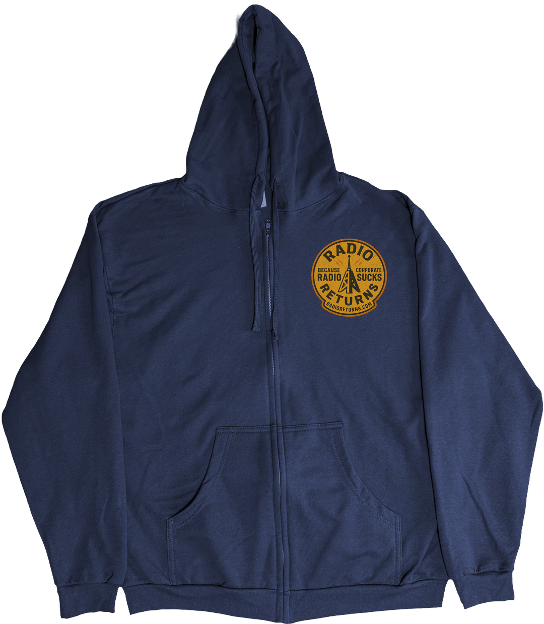 Front of Kback Radio Returns graphic on a Zippered hoodie in Navy