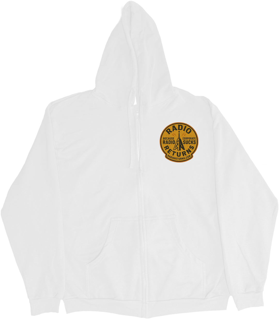 Front of Kback Radio Returns graphic on a Zippered hoodie in White