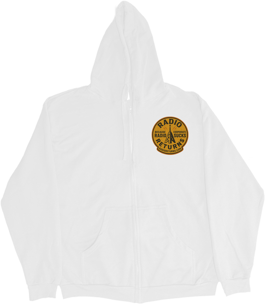 Front of Kback Radio Returns graphic on a Zippered hoodie in White