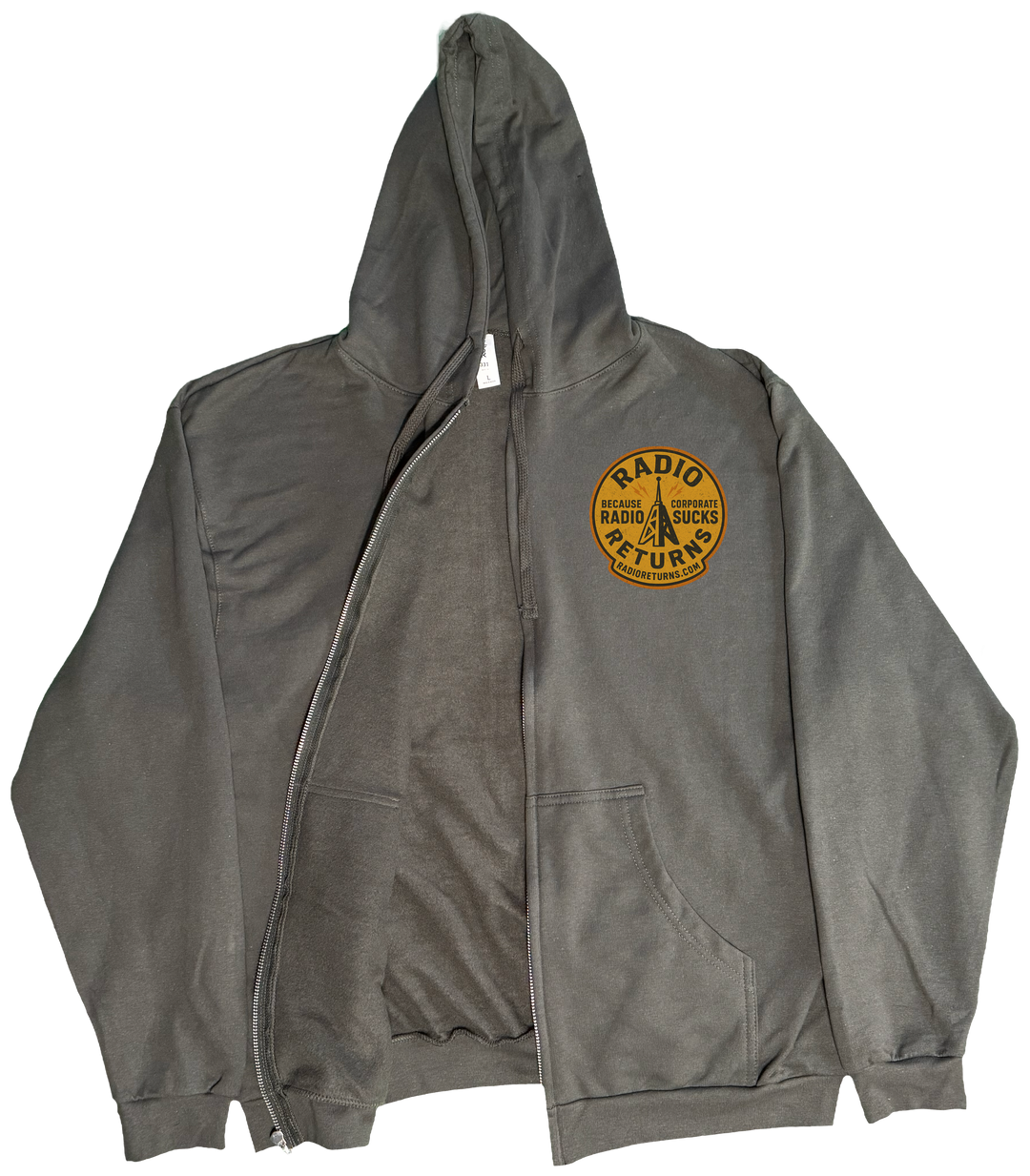 Front of Kback Radio Returns graphic on a Zippered hoodie in Charcoal