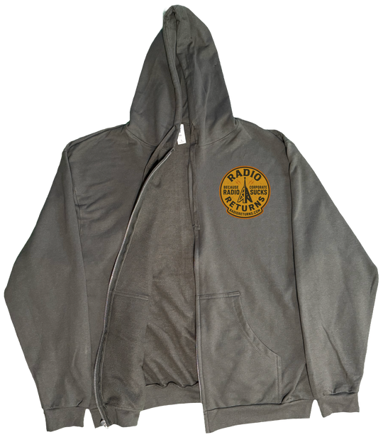 Front of Kback Radio Returns graphic on a Zippered hoodie in Charcoal