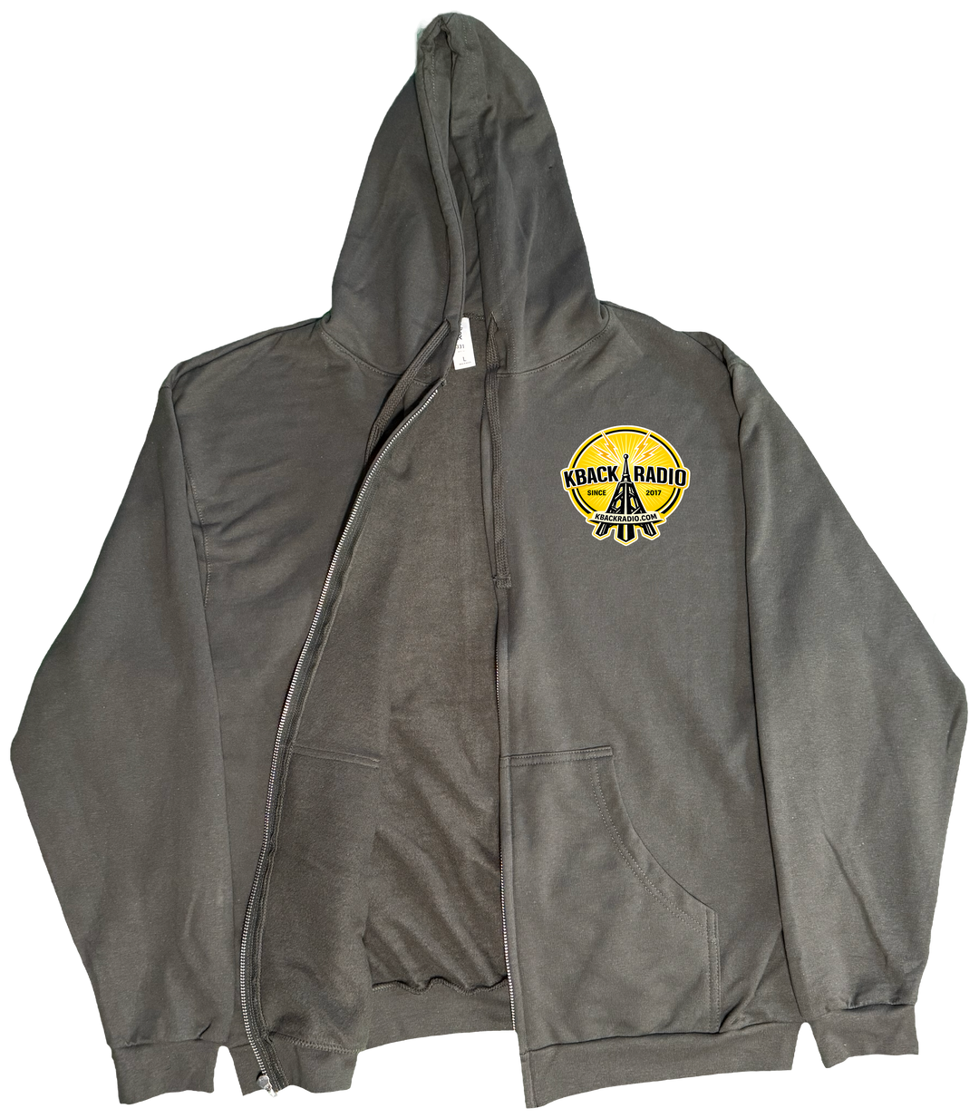 Front of Kback Radio Tower graphic on a Zippered hoodie in Charcoal
