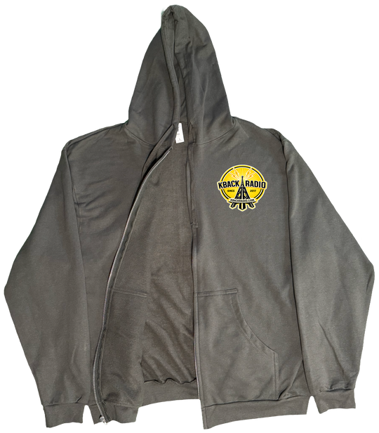 Front of Kback Radio Tower graphic on a Zippered hoodie in Charcoal