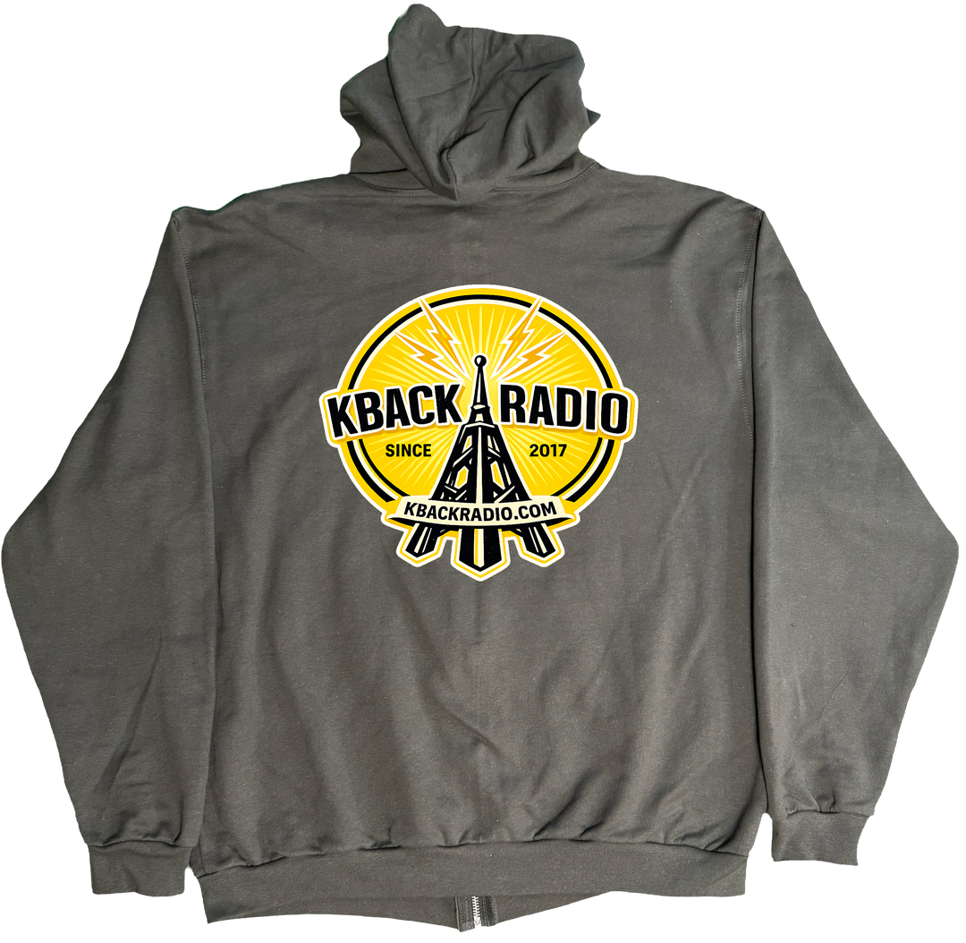 Back of Kback Radio Tower graphic on a Zippered hoodie in Charcoal