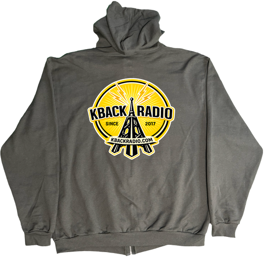 Back of Kback Radio Tower graphic on a Zippered hoodie in Charcoal