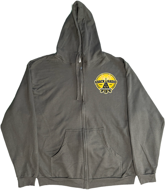 Front of Kback Radio Tower graphic on a Zippered hoodie in Charcoal