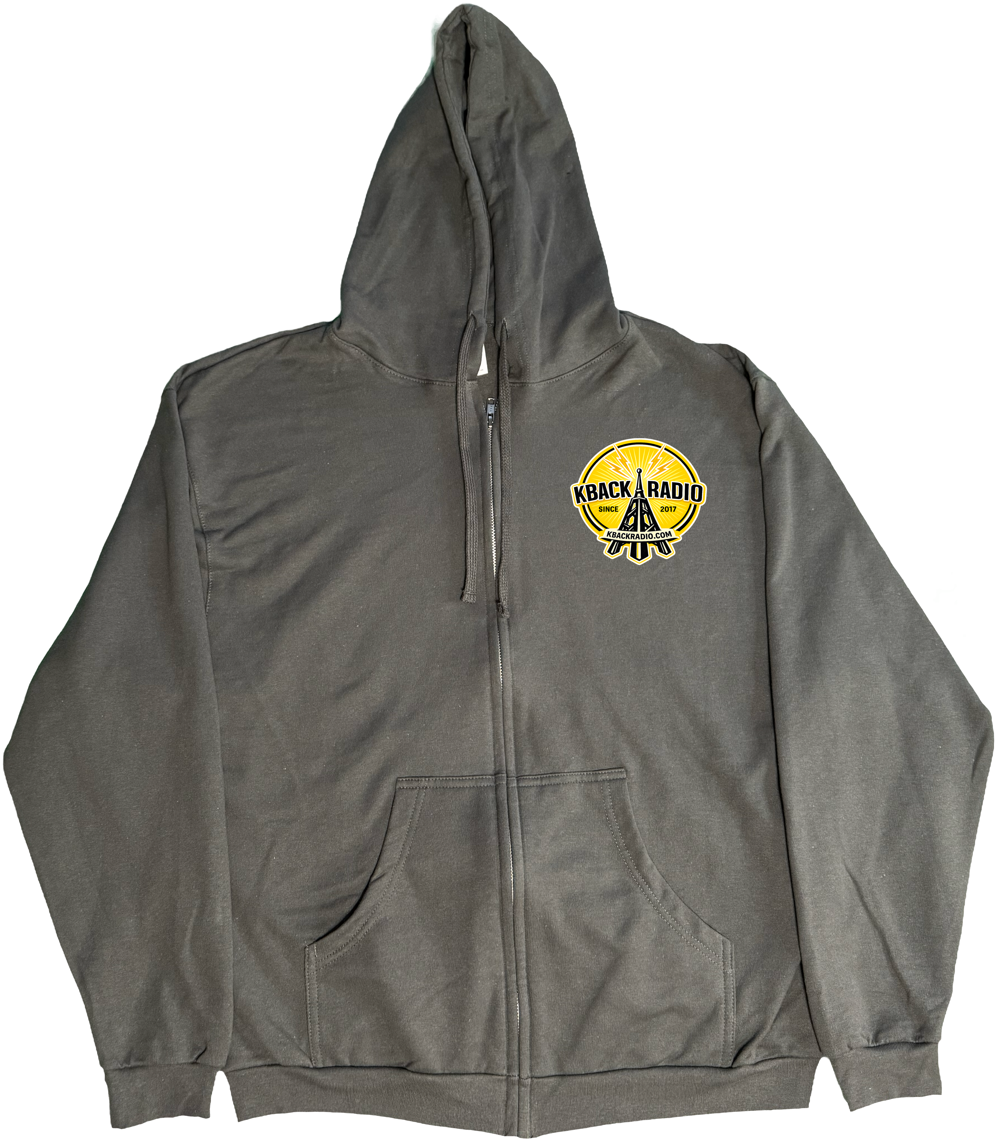 Front of Kback Radio Tower graphic on a Zippered hoodie in Charcoal