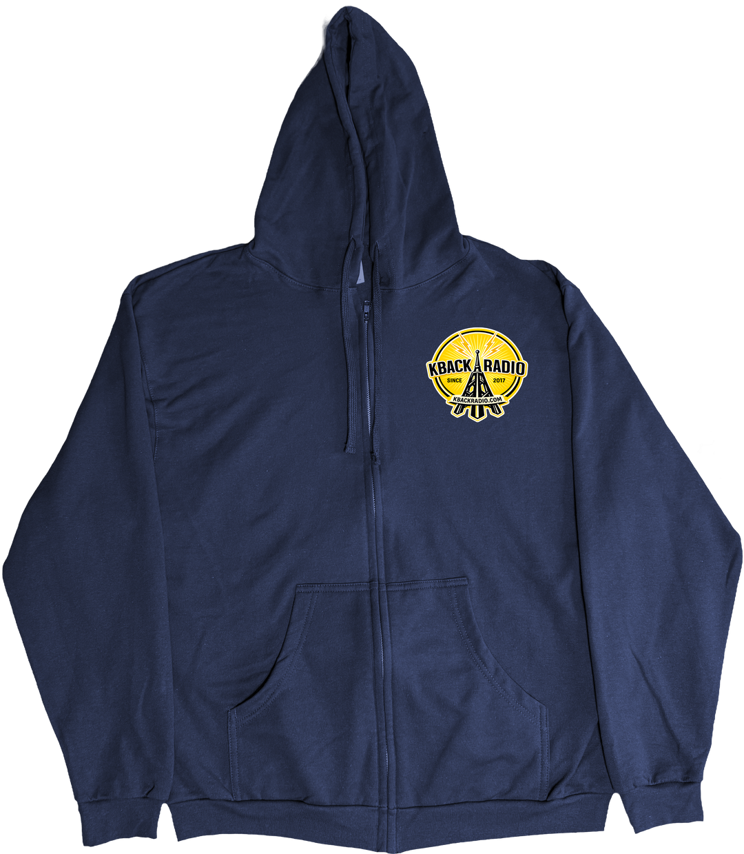 Front of Kback Radio Tower graphic on a Zippered hoodie in Navy