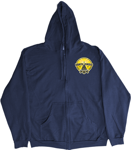 Front of Kback Radio Tower graphic on a Zippered hoodie in Navy