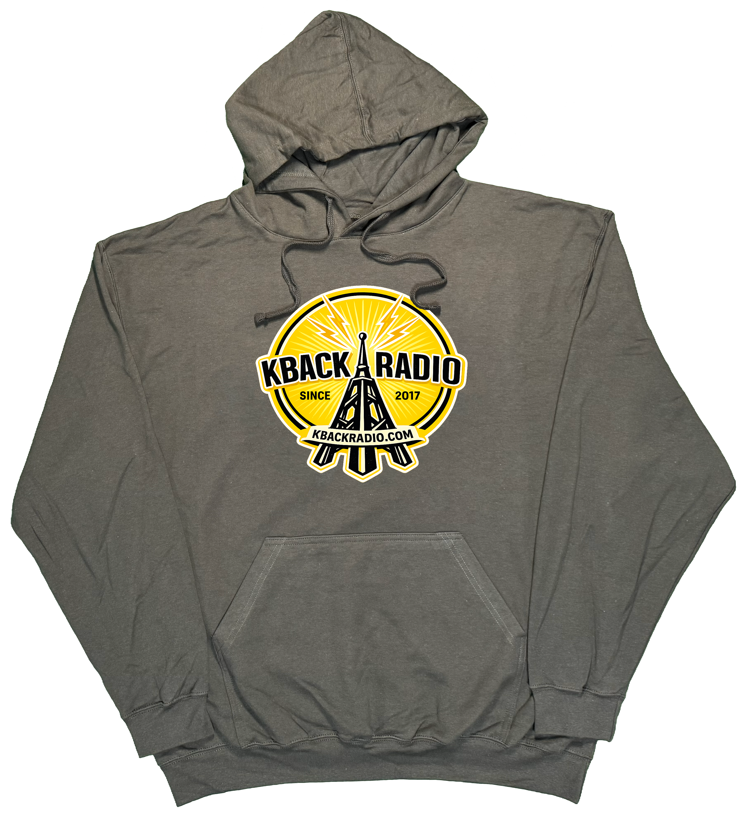 radio tower graphic on a hoodie for Kback Radio on Charcoal