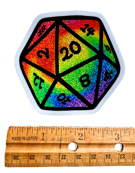 Colorful Rainbow Swirl D20 dice sticker, holographic fairy dust Glitter fantasy art for DnD players and tabletop gamers.
With a Ruler for Size Validity