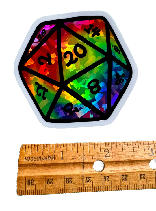 Colorful Rainbow Swirl D20 dice sticker, holographic prisms fantasy art for DnD players and tabletop gamers.
With a ruler for size validity