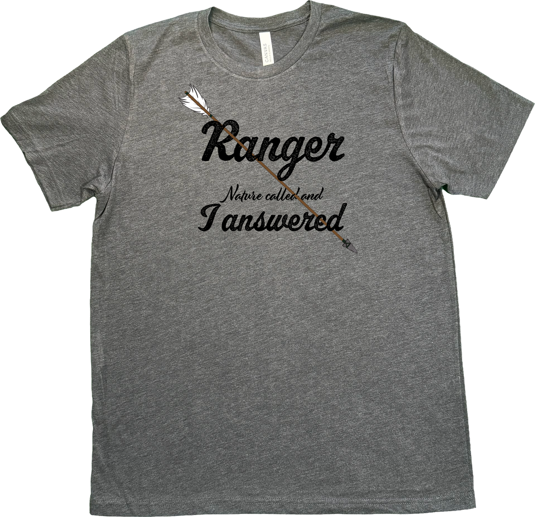 Ranger Dungeons and Dragons t-shirt featuring the slogan 'Nature Called and I answered' in a clean, fantasy-inspired design. On a Dark Grey (Heathered) Bella & Canvas T-Shirt.