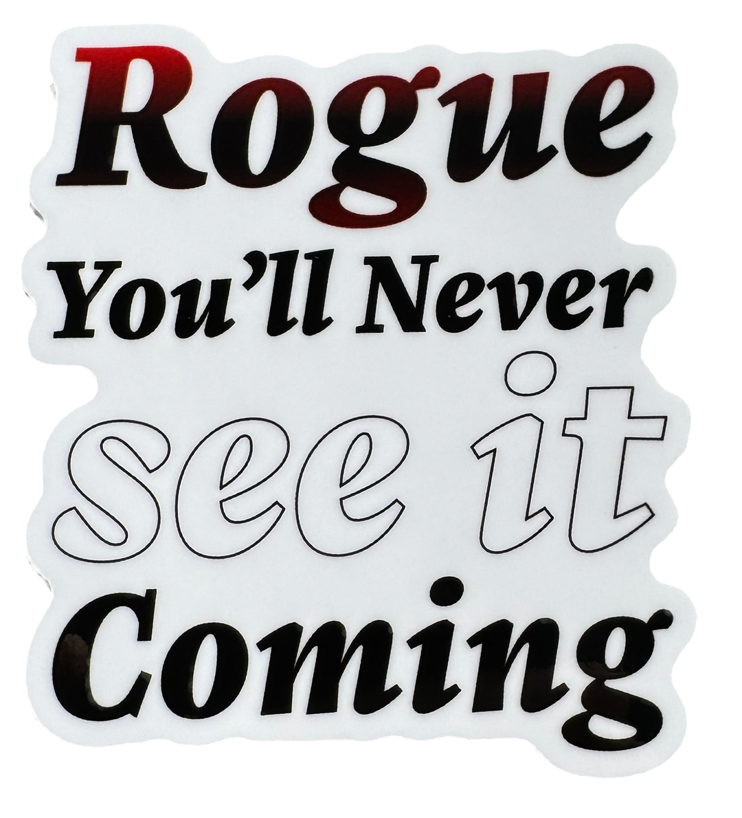 Stealth. Precision. Surprise.

The word Rogue sits at the center in sharp, confident typography — clean but edged with subtle distortion or shadow effects that hint at movement in the dark.

Beneath it, the phrase:

“You’ll never see it coming.”